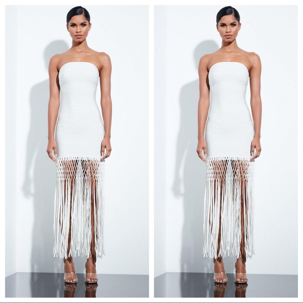 PEACE + LOVE Ivory White Bandage Fringe Midi Dress